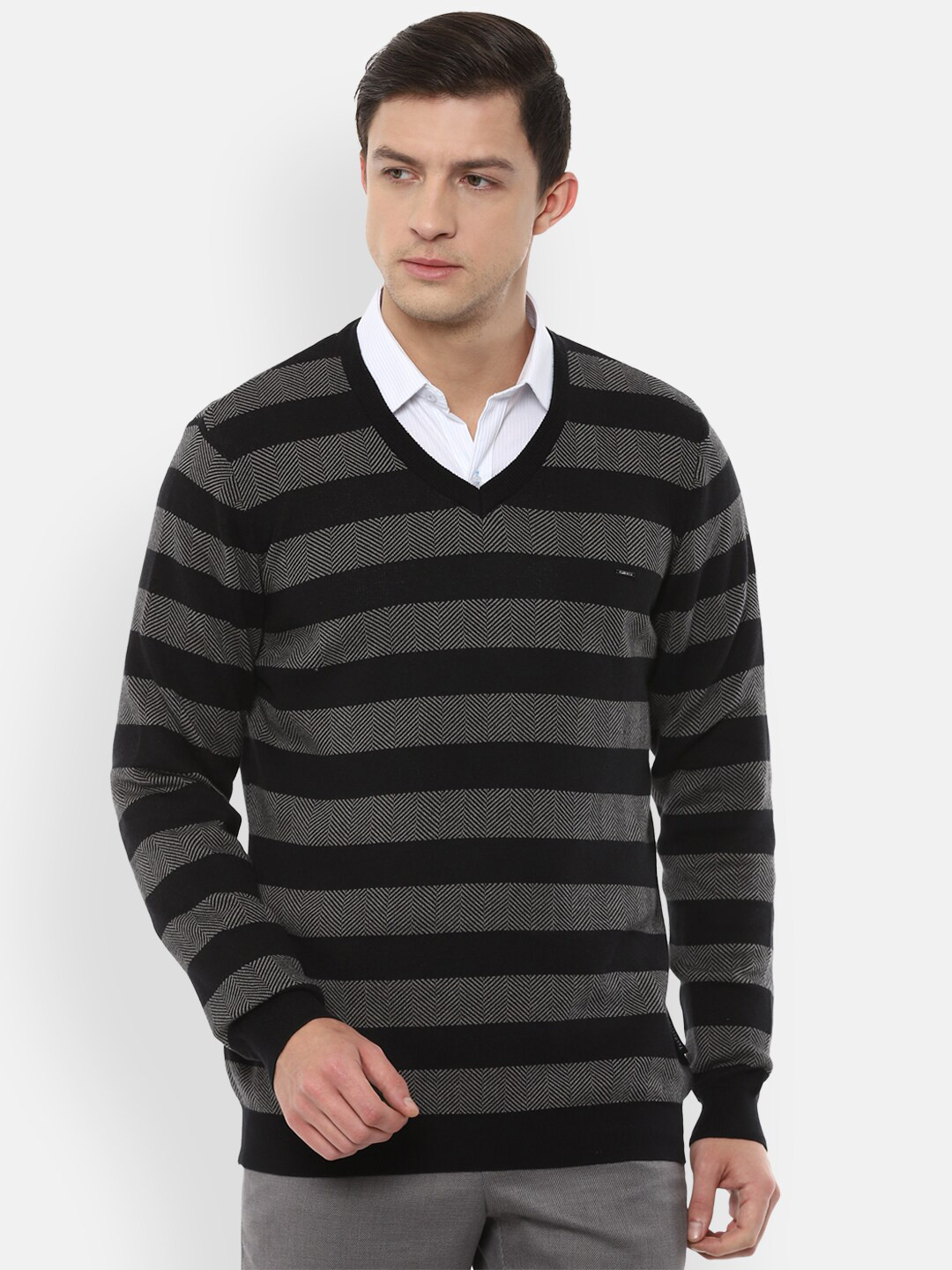 

Van Heusen Men Black & Grey Pure Cotton Striped Pullover