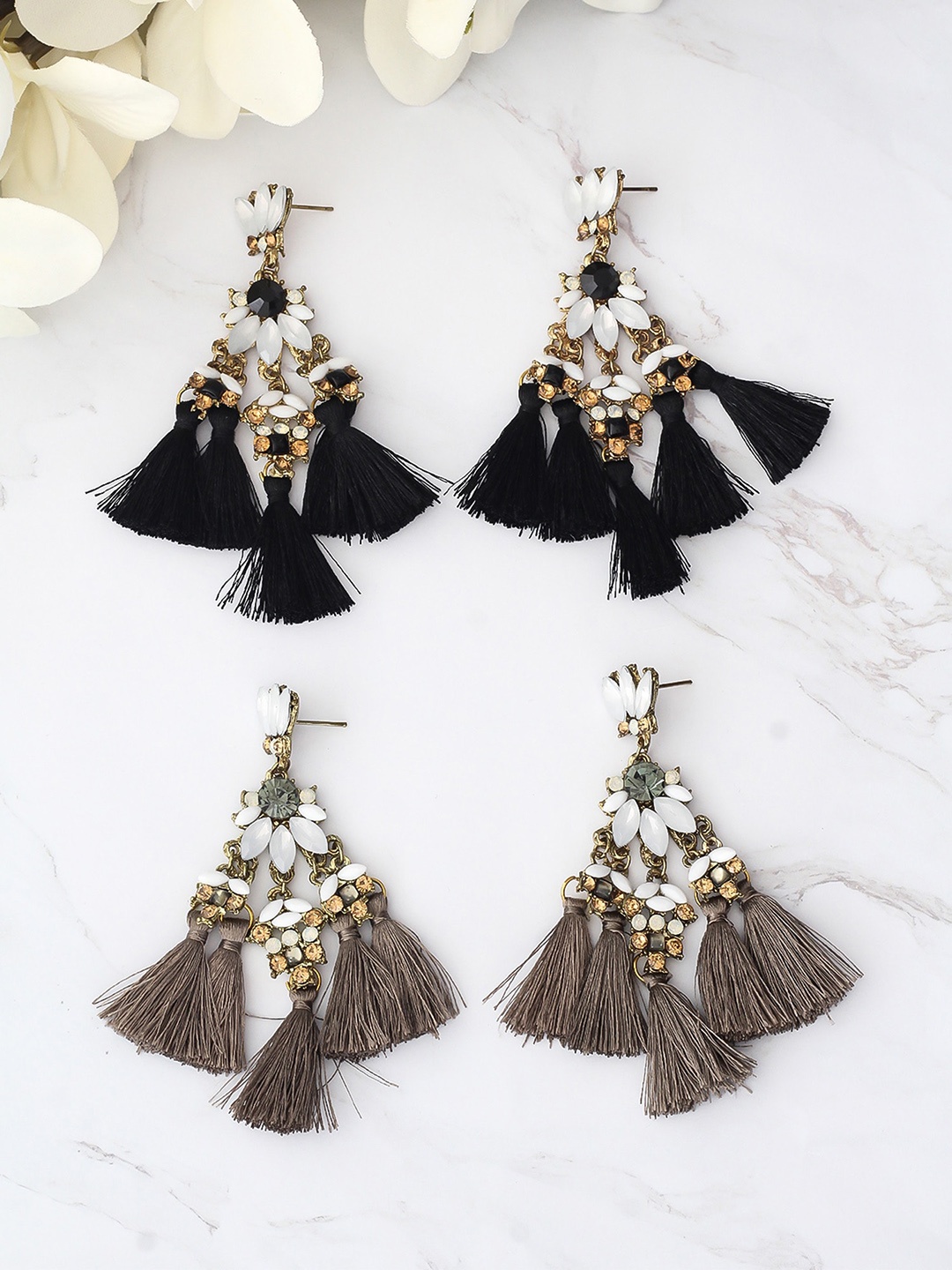 

Bellofox Women Set of 2 Black & Taupe Stone-Studded Tasseled Earrings