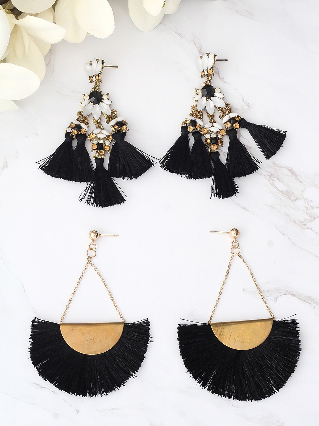 

Bellofox Women Set of 2 Black & Gold-Toned Studded Tasseled Drop Earrings
