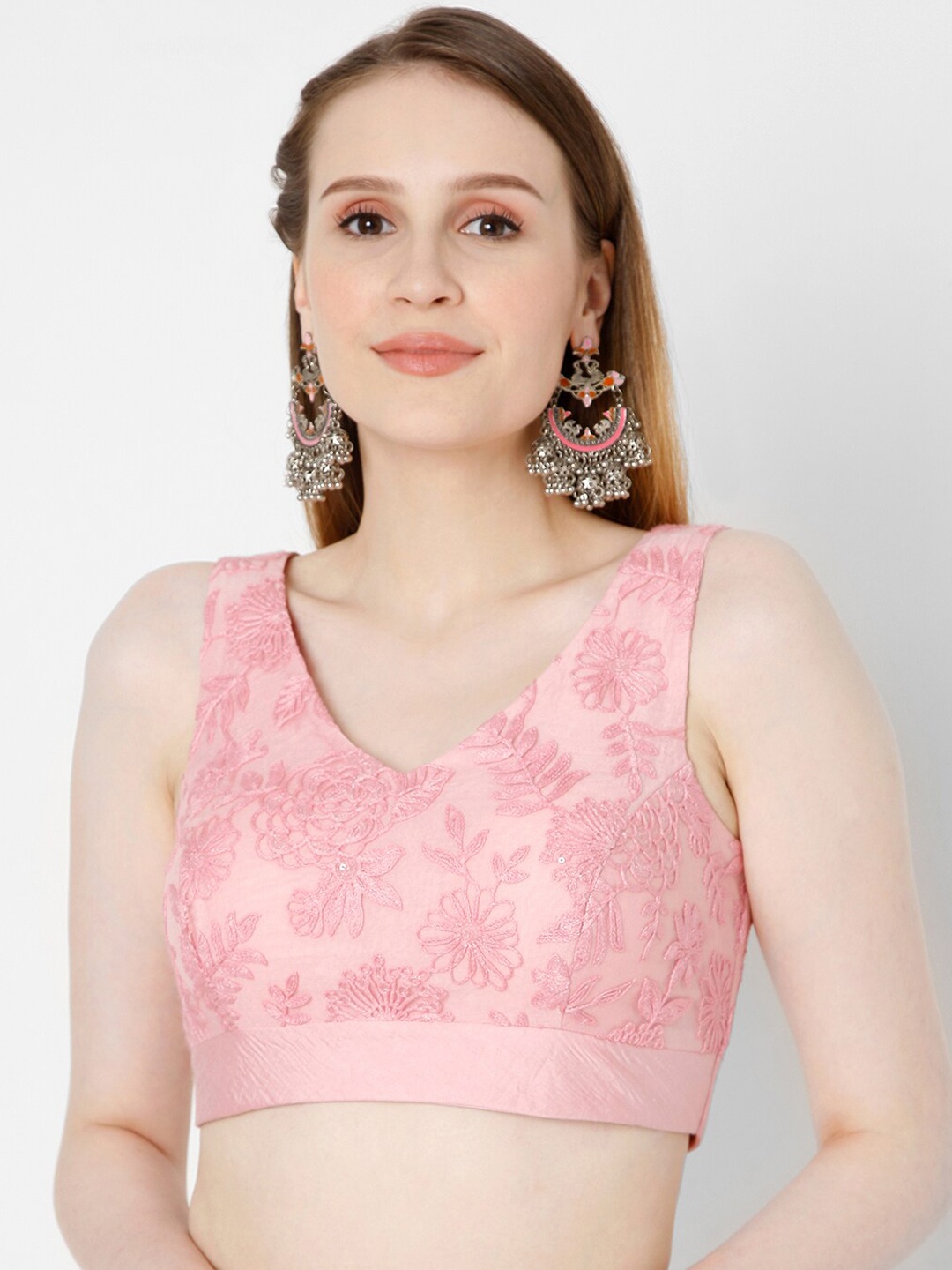 

SALWAR STUDIO Women Pink Embroidered Padded V-neck Saree Blouse