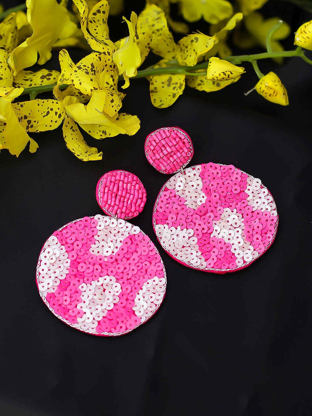 

Bellofox Pink Embellished Circular Drop Earrings