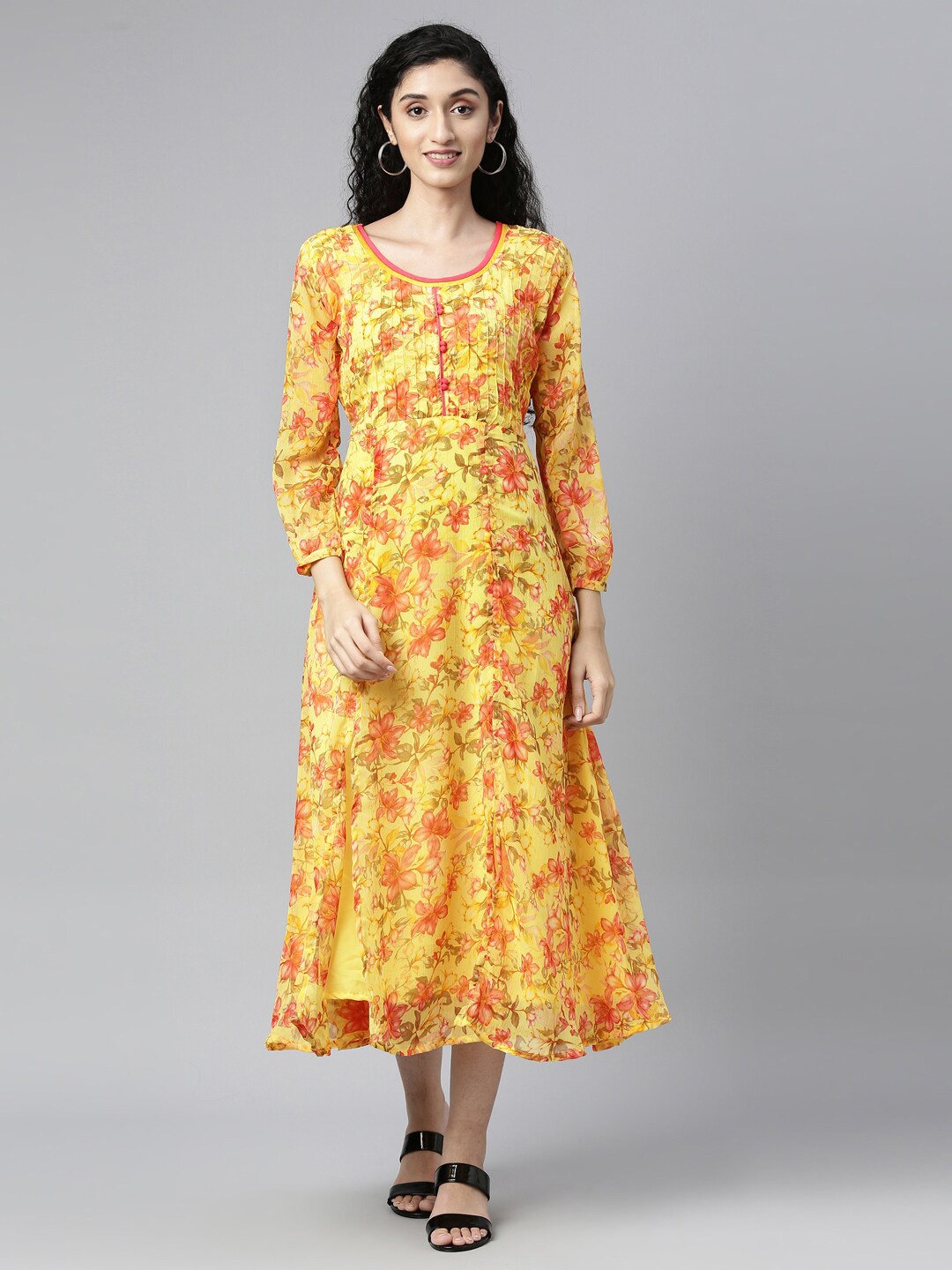 

Souchii Yellow Floral Layered Chiffon A-Line Midi Dress