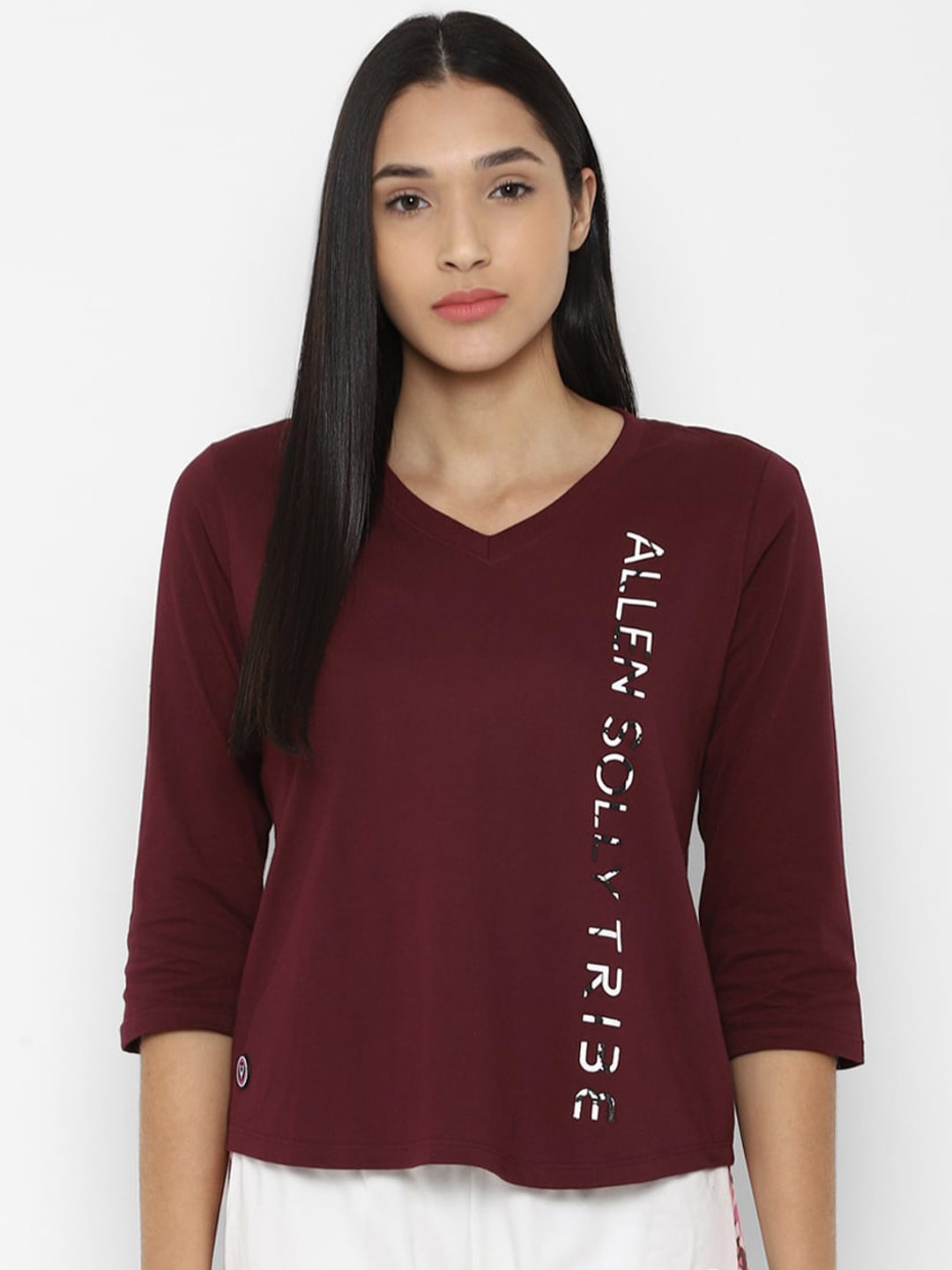 

Allen Solly Woman Women Maroon & Black Printed V-Neck Pure Cotton T-shirt
