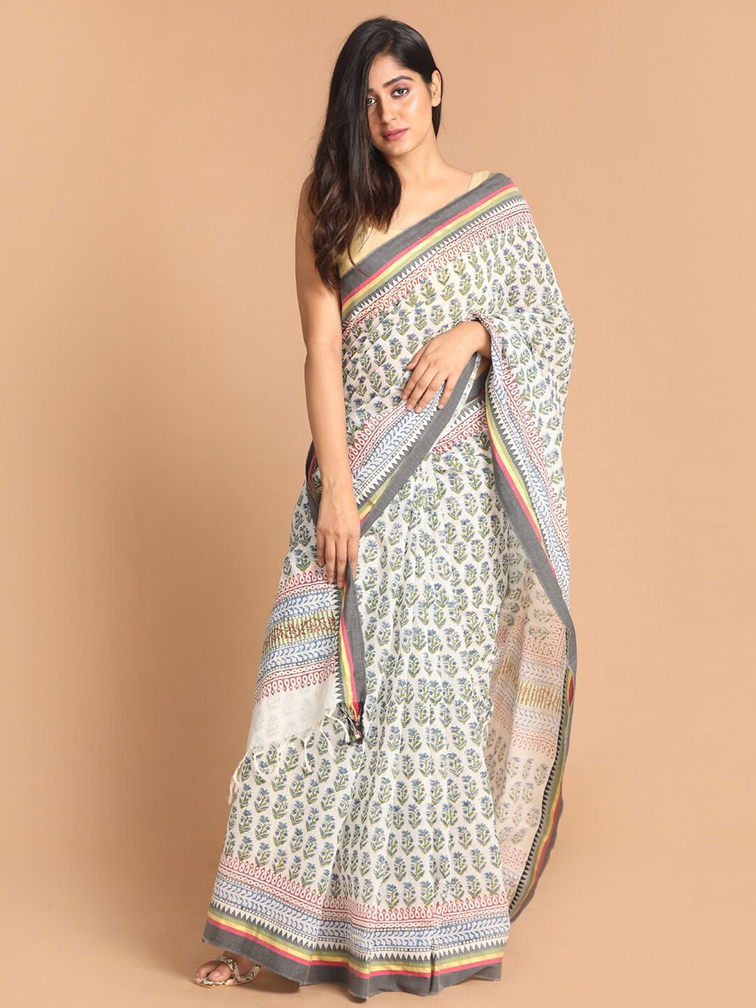 

Indethnic Green & Red Ethnic Motifs Pure Cotton Block Print Saree