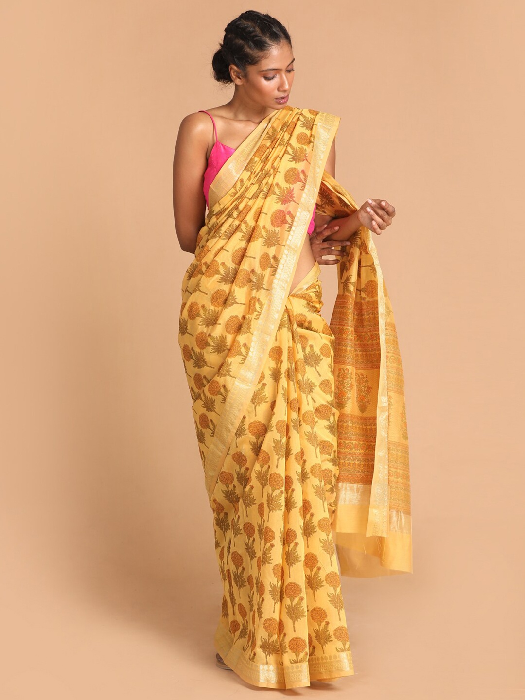 

Indethnic Yellow & Green Ethnic Motifs Zari Saree