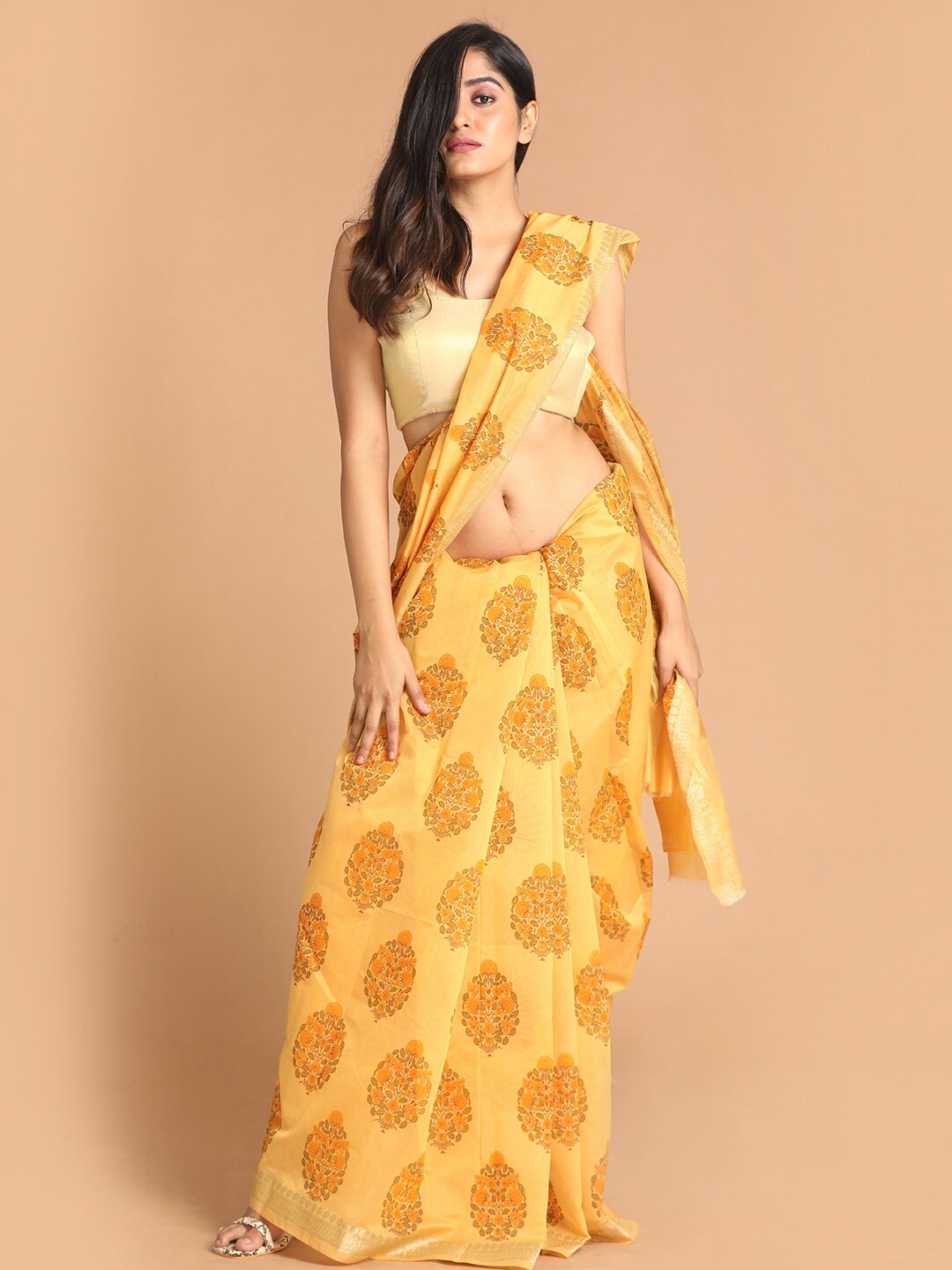 

Indethnic Yellow & Green Ethnic Motifs Zari Saree