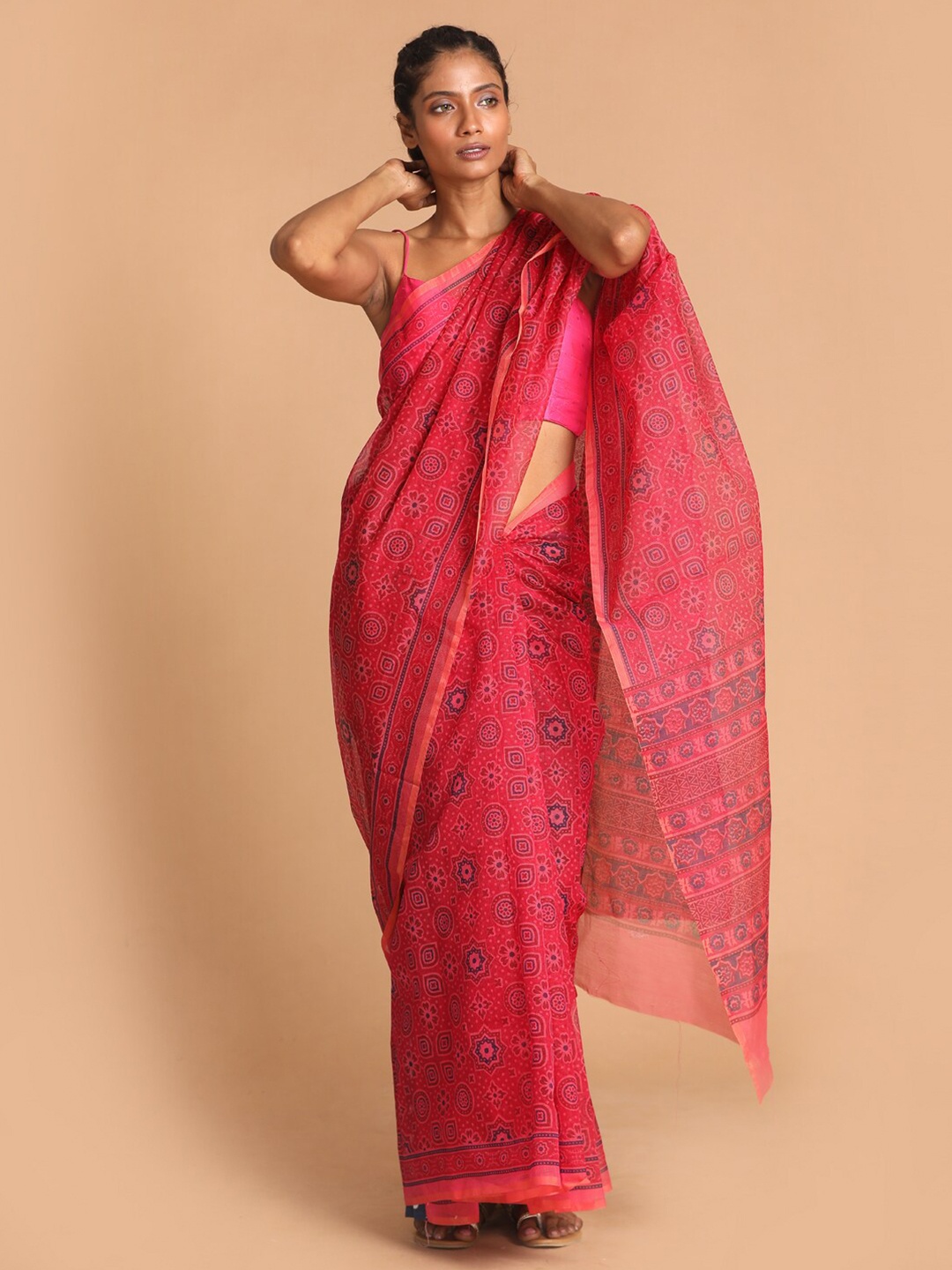 

Indethnic Magenta Ethnic Motifs Supernet Saree