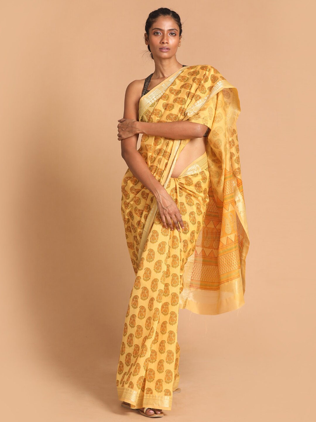 

Indethnic Mustard & Green Floral Printed Zari Saree
