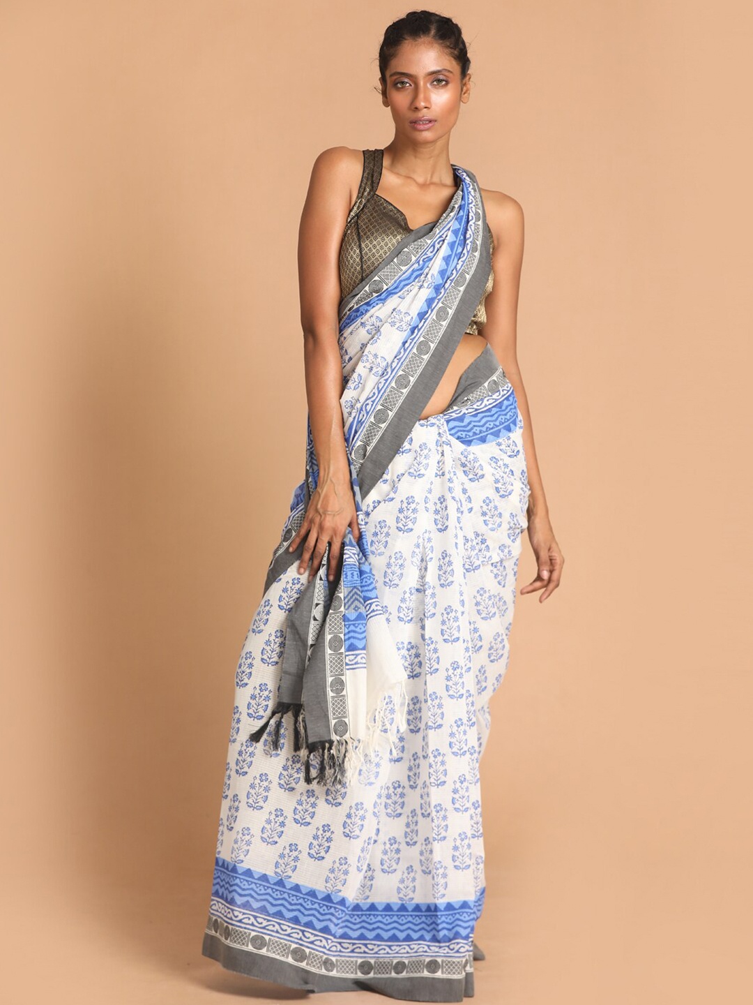 Indethnic Blue & White Ethnic Motifs Pure Cotton Block Print Saree