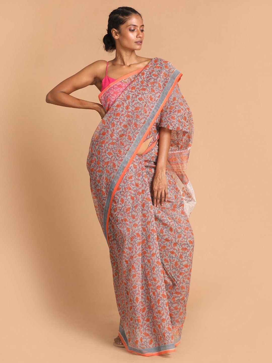 

Indethnic Grey & Orange Floral Printed Supernet Saree