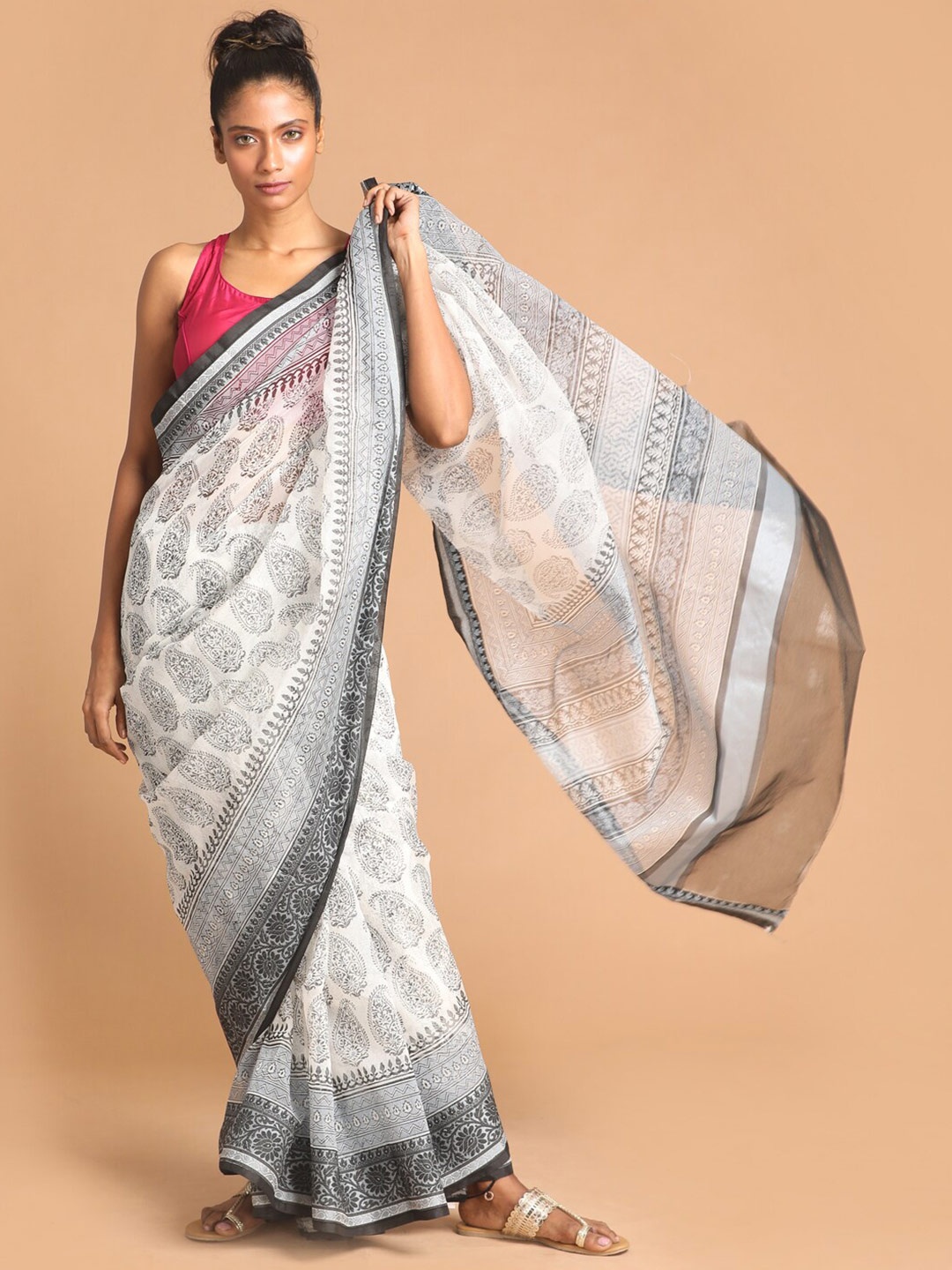 

Indethnic Black & White Ethnic Motifs Printed Zari Supernet Saree