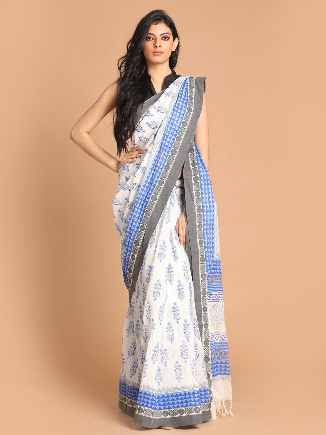 

Indethnic Blue & White Pure Cotton Block Print Saree