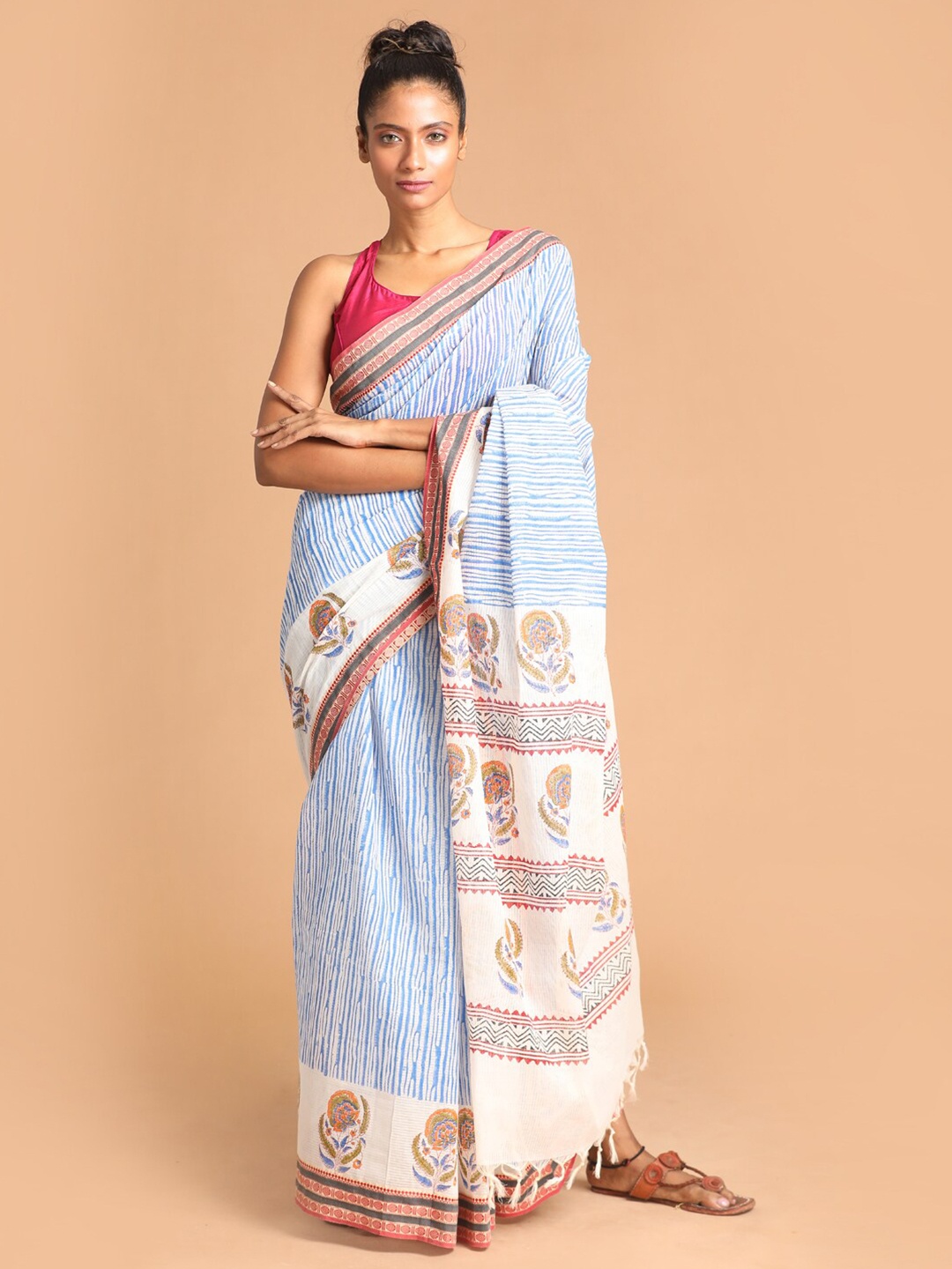 

Indethnic Blue & White Ethnic Motifs Pure Cotton Block Print Saree