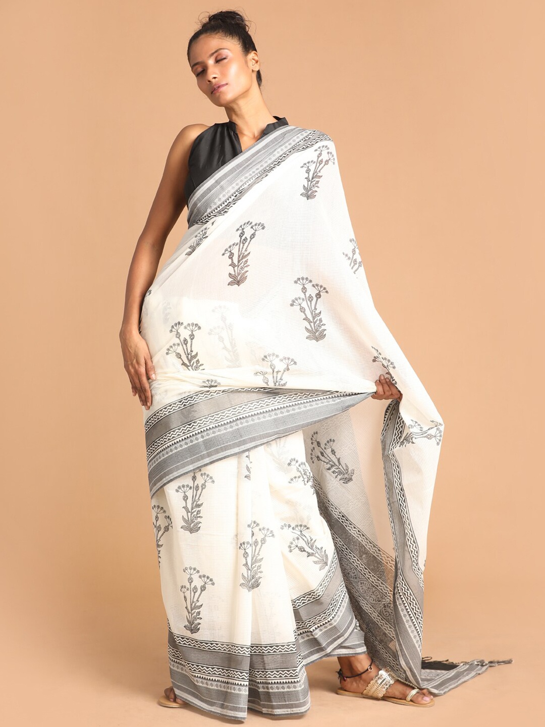Indethnic Black & Grey Ethnic Motifs Block Print Pure Cotton Saree