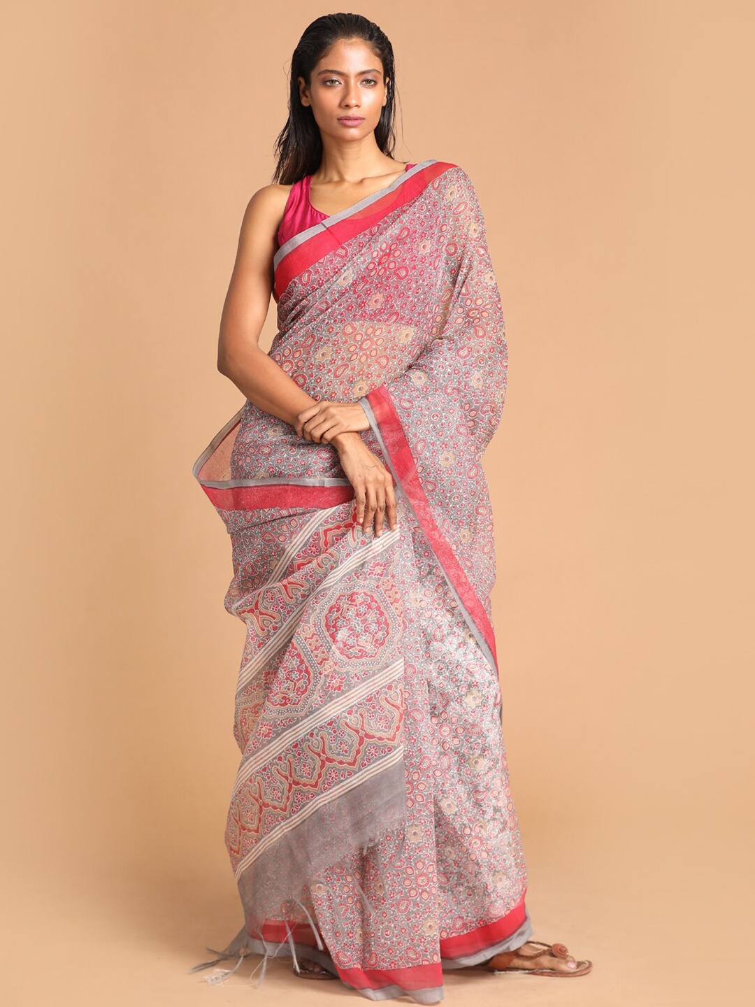 

Indethnic Grey & Red Ethnic Motifs Supernet Saree