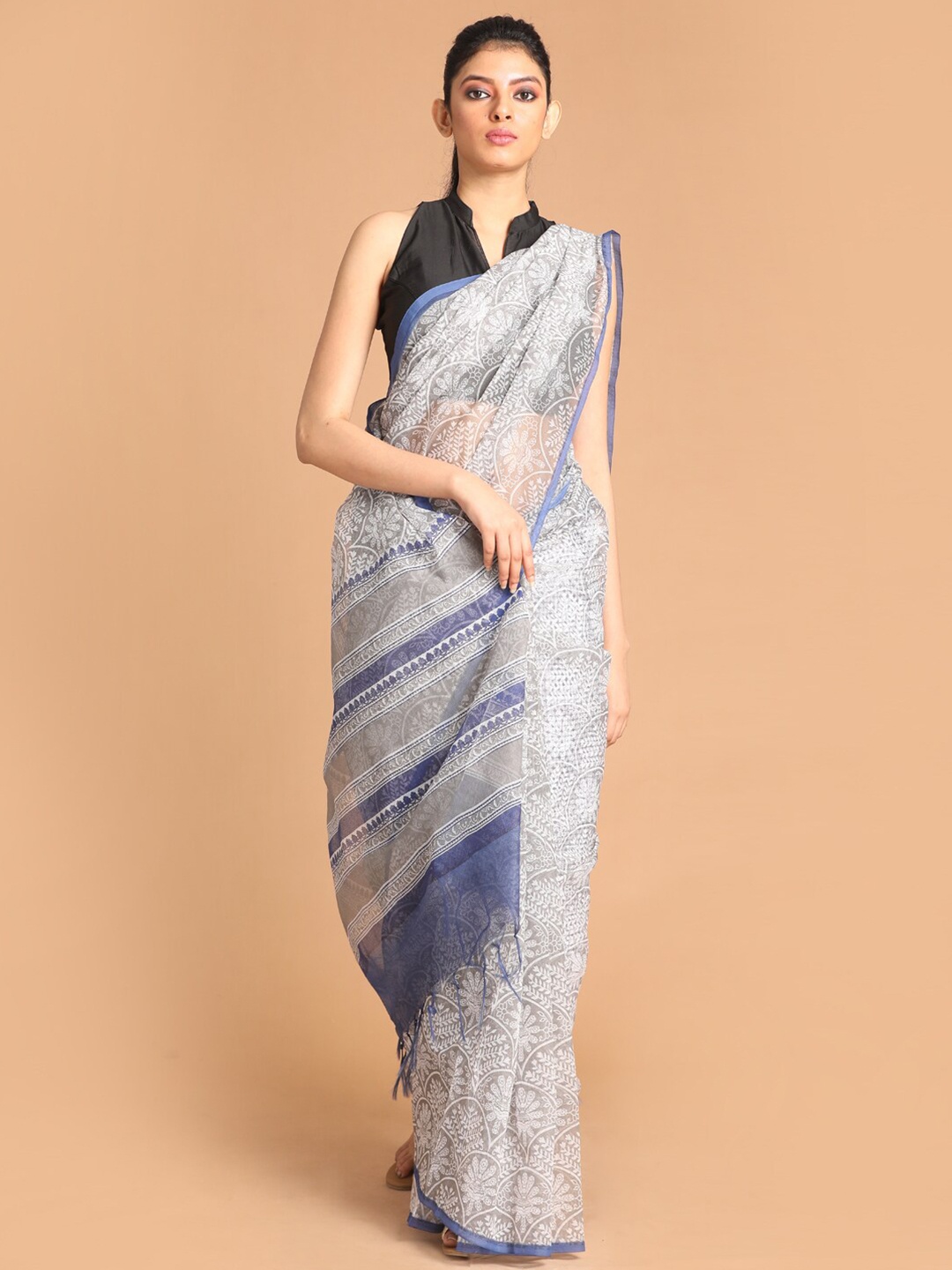 

Indethnic Grey & Blue Ethnic Motifs Printed Supernet Saree