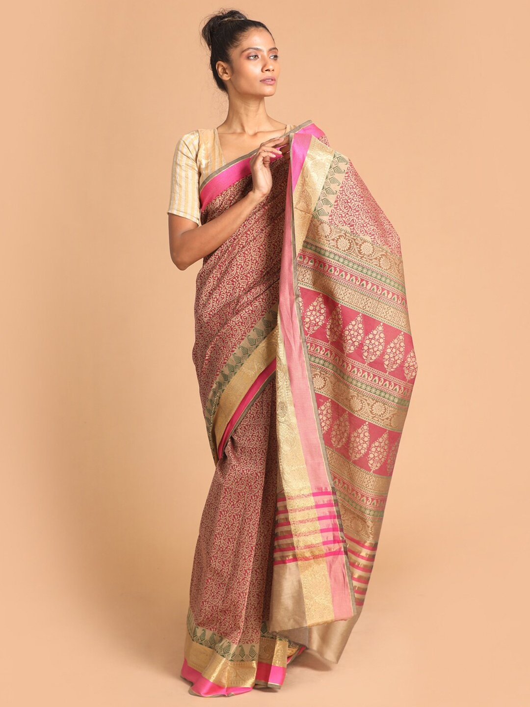 

Indethnic Magenta & Gold-Toned Ethnic Motifs Zari Saree