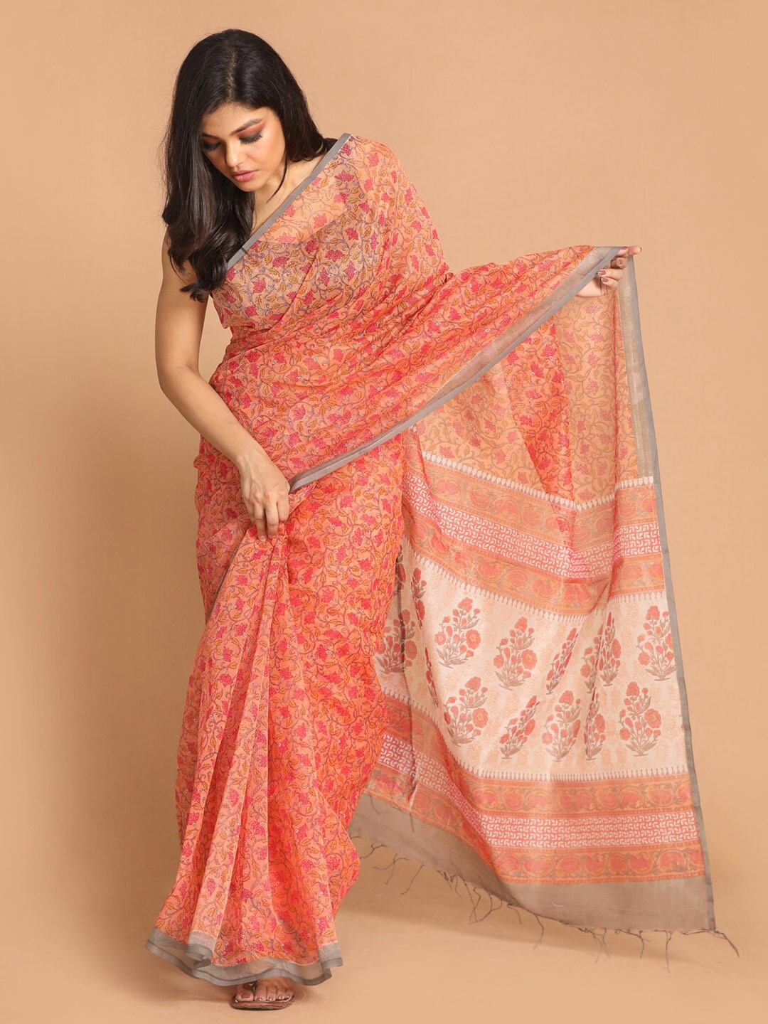 

Indethnic Coral & Grey Ethnic Motifs Supernet Saree