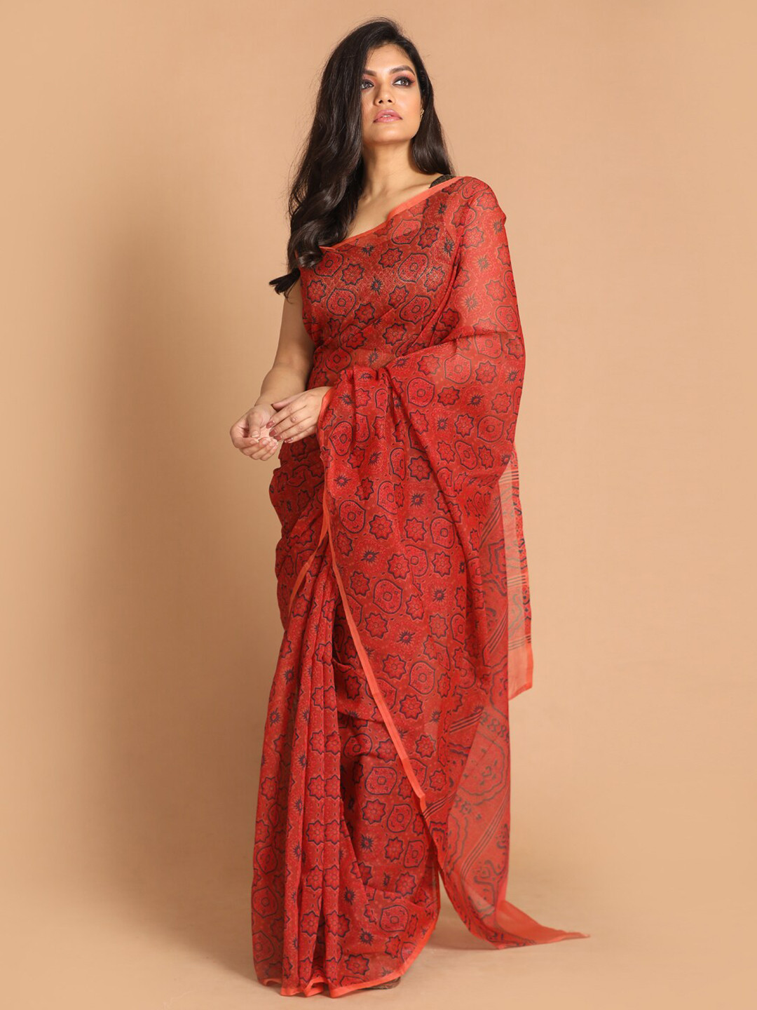 

Indethnic Women Rust Printed Cotton Blend Saree