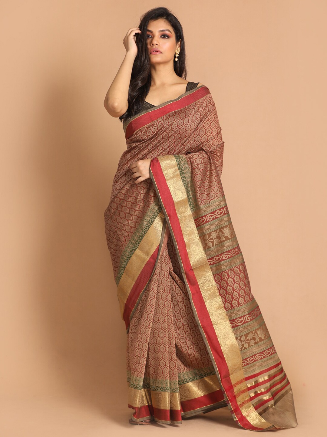 

Indethnic Maroon & Gold-Toned Ethnic Motifs Saree