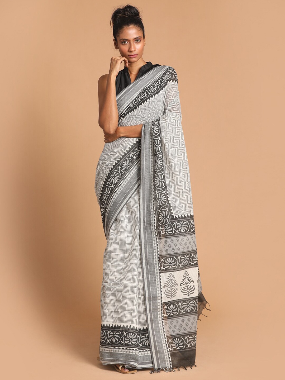 

Indethnic Black & Grey Ethnic Motifs Pure Cotton Block Print Saree