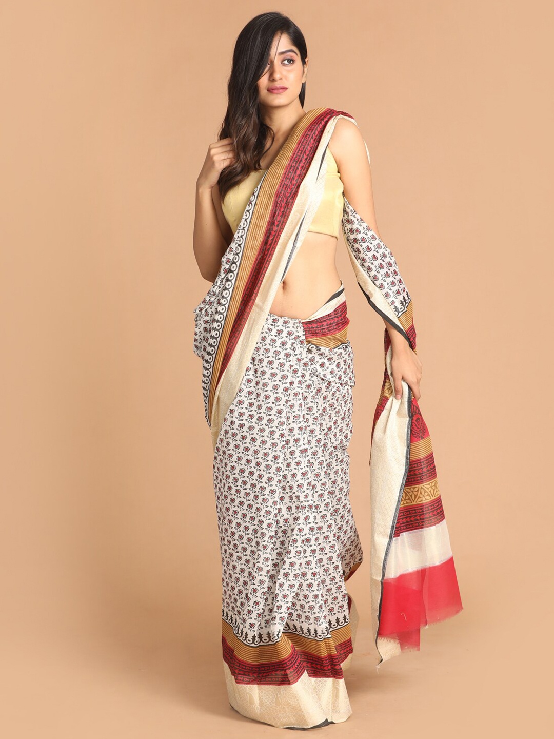 

Indethnic Black & Brown Floral Zari Block Print Saree