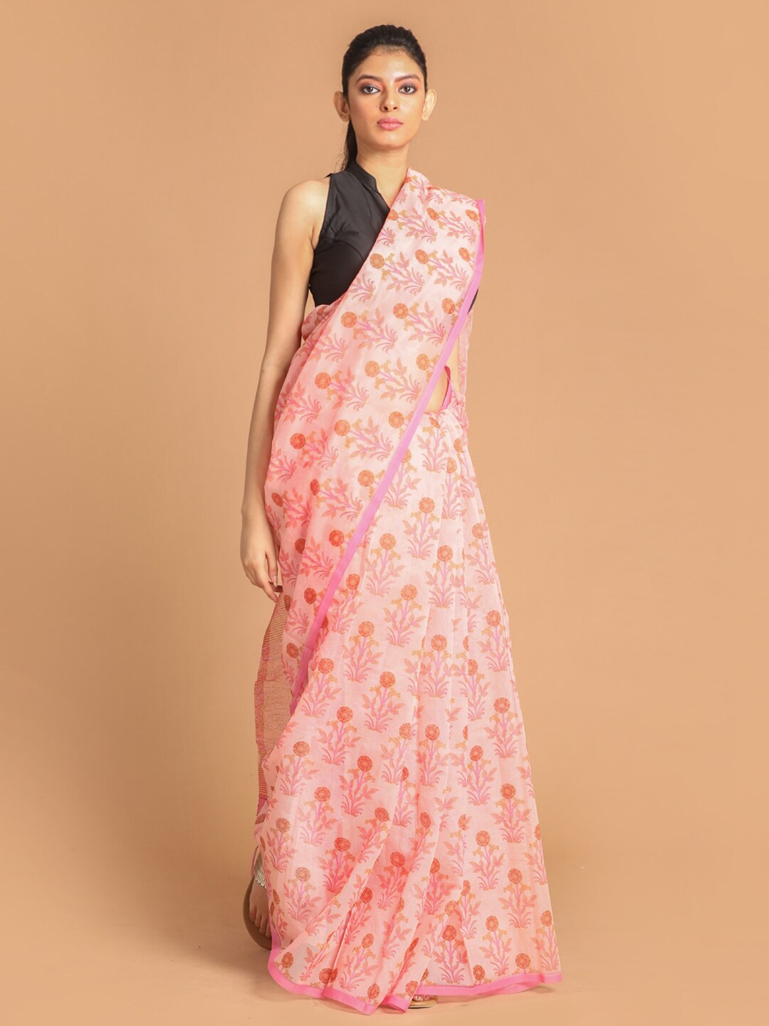 

Indethnic Peach-Coloured & Orange Ethnic Motifs Supernet Saree