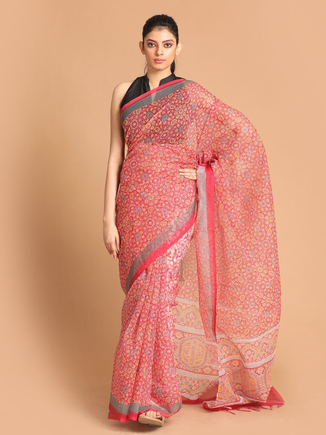 

Indethnic Magenta Poly Cotton Zari Supernet Saree