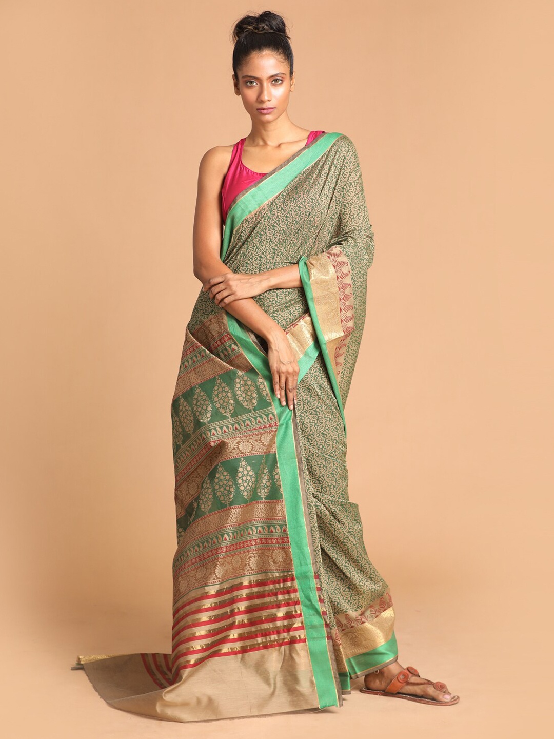 

Indethnic Green & Beige Ethnic Motifs Printed Saree