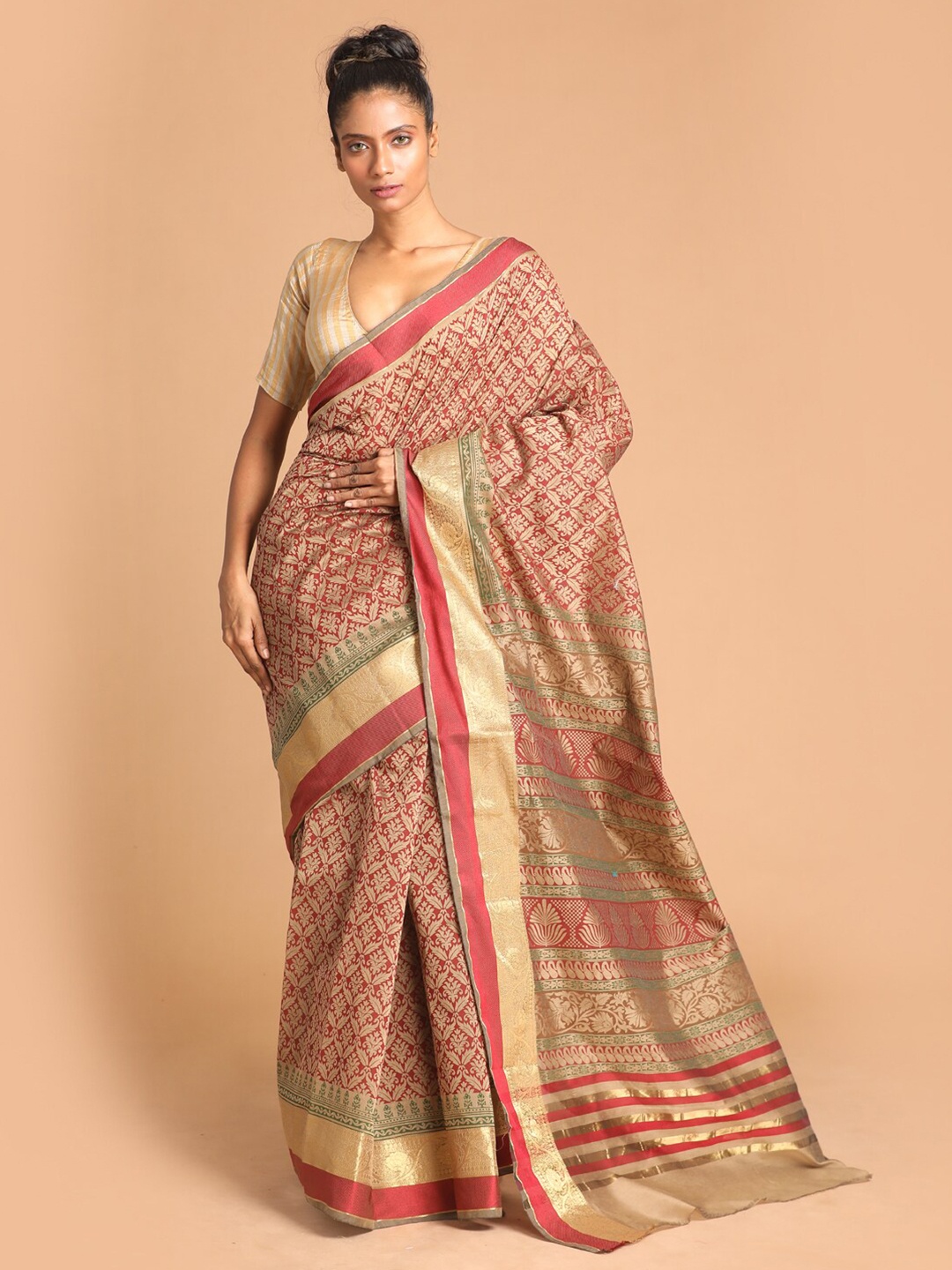 

Indethnic Maroon & Gold-Toned Ethnic Motifs Zari Saree