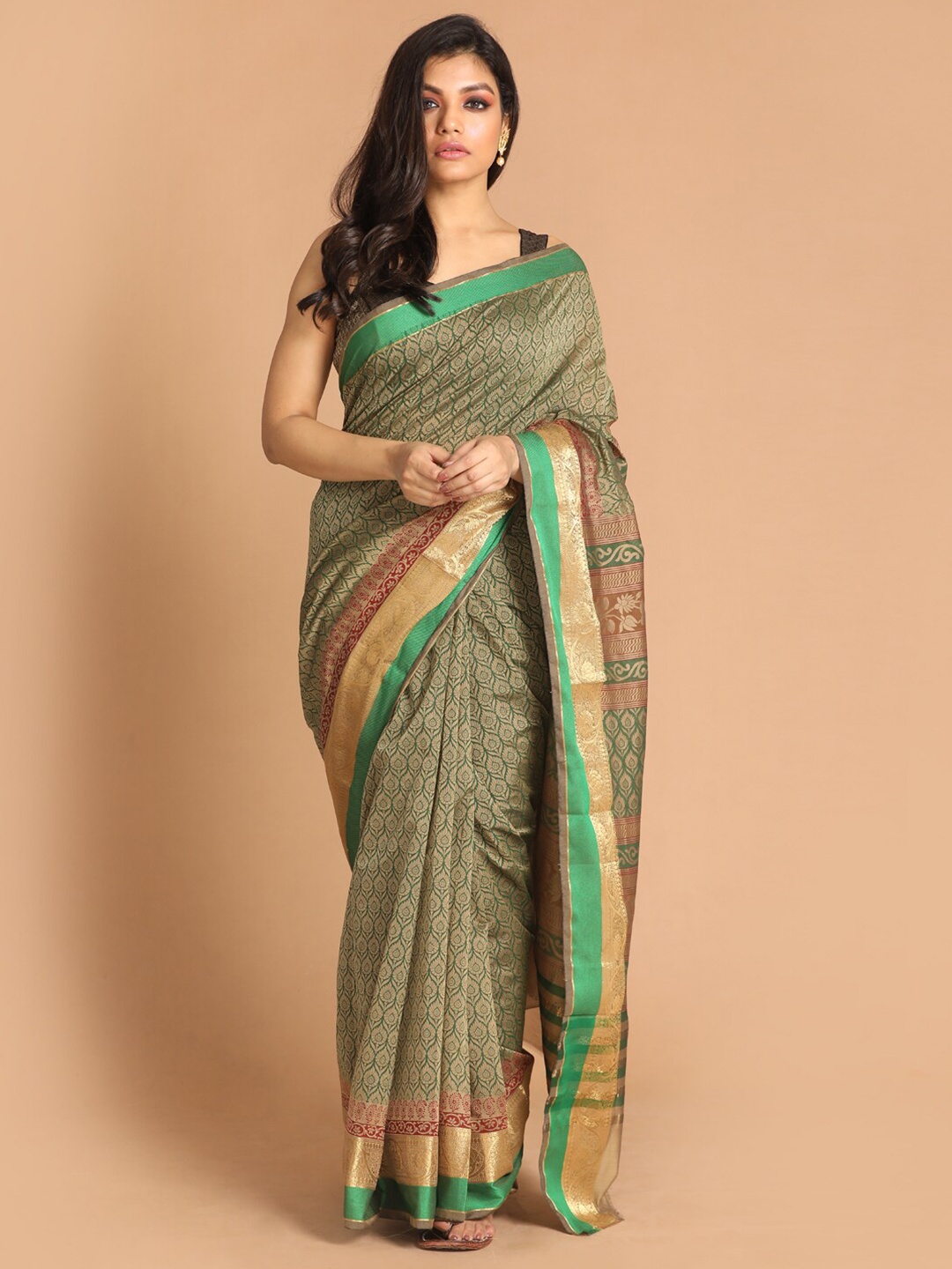 

Indethnic Green & Beige Ethnic Motifs Zari Saree