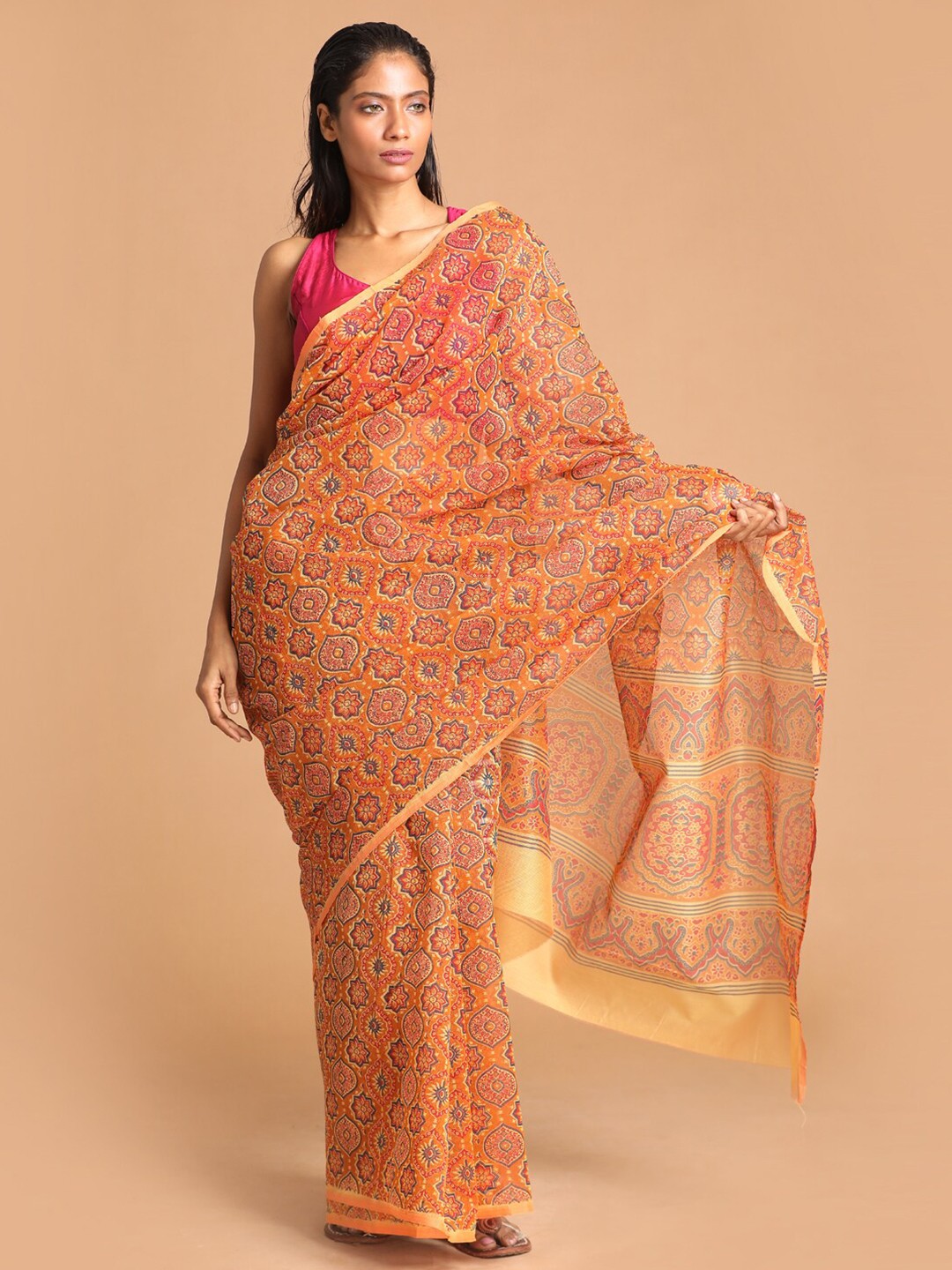 

Indethnic Mustard & Blue Ethnic Motifs Saree