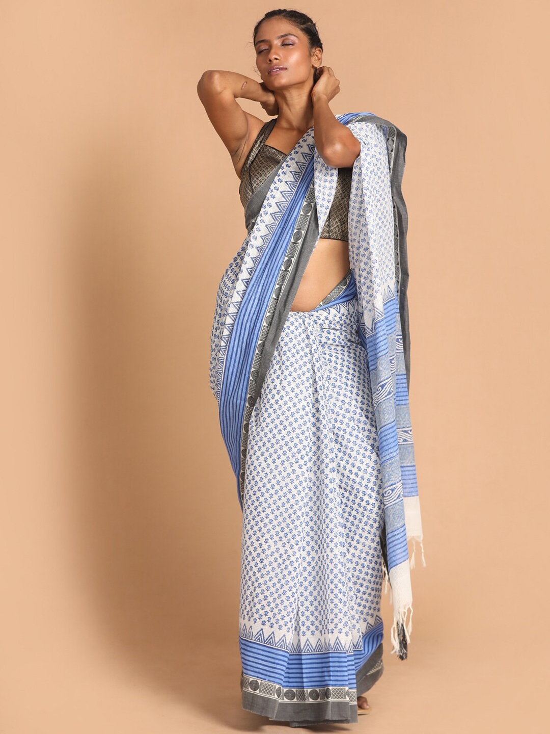 

Indethnic Blue & White Ethnic Motifs Pure Cotton Block Print Saree