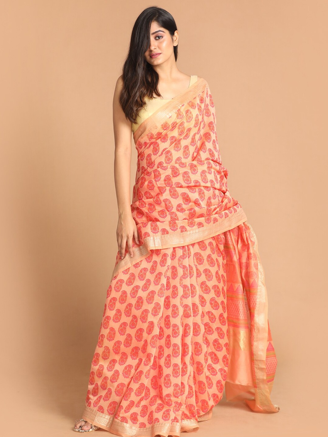 

Indethnic Coral & Beige Ethnic Motifs Zari Saree