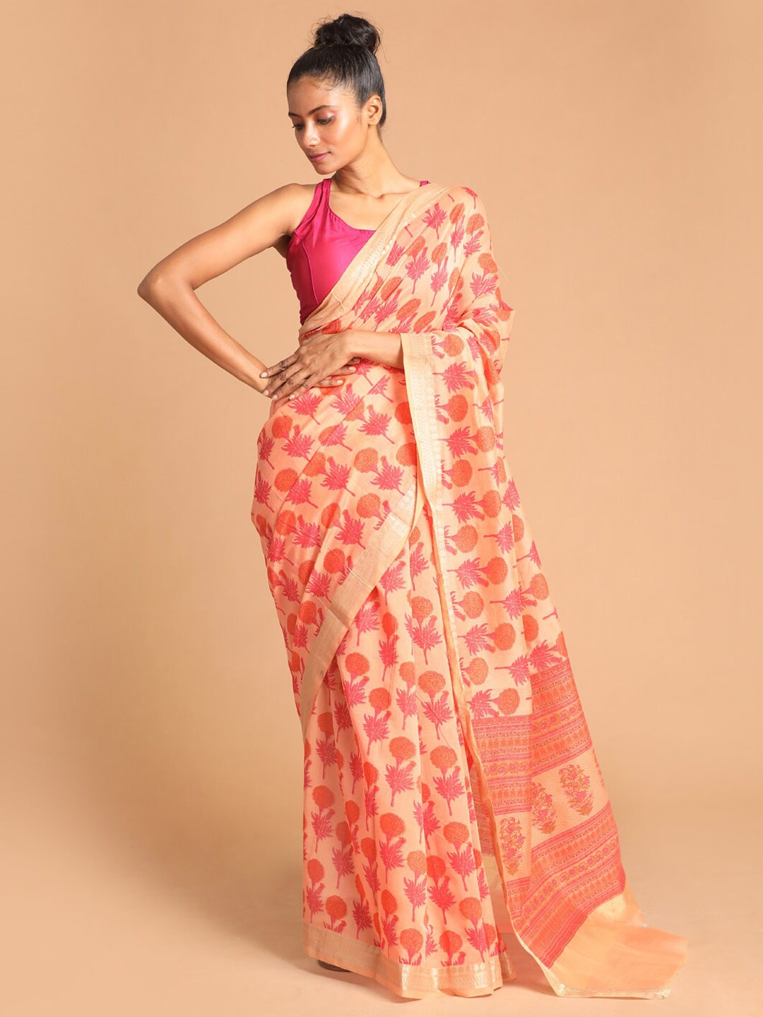 

Indethnic Coral & Gold Ethnic Motifs Zari Saree