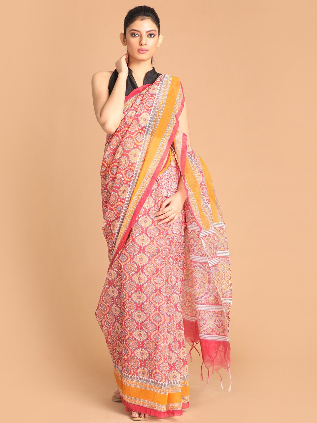 

Indethnic Maroon & Orange Ethnic Motifs Supernet Saree