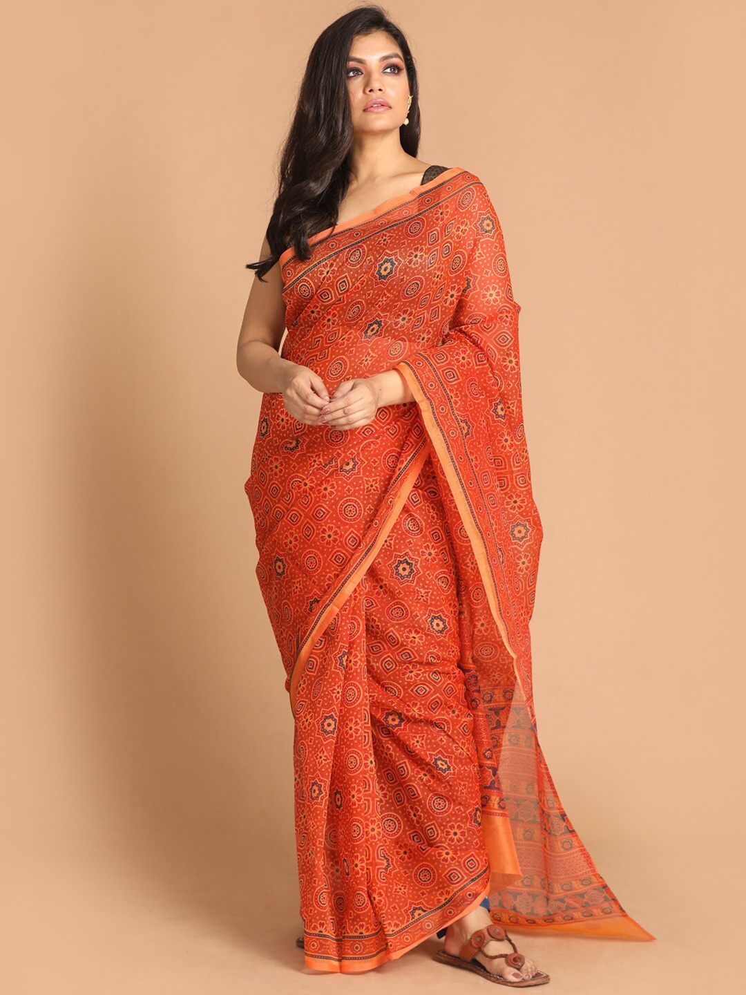 

Indethnic Olive Green & Beige Ethnic Motifs Supernet Saree