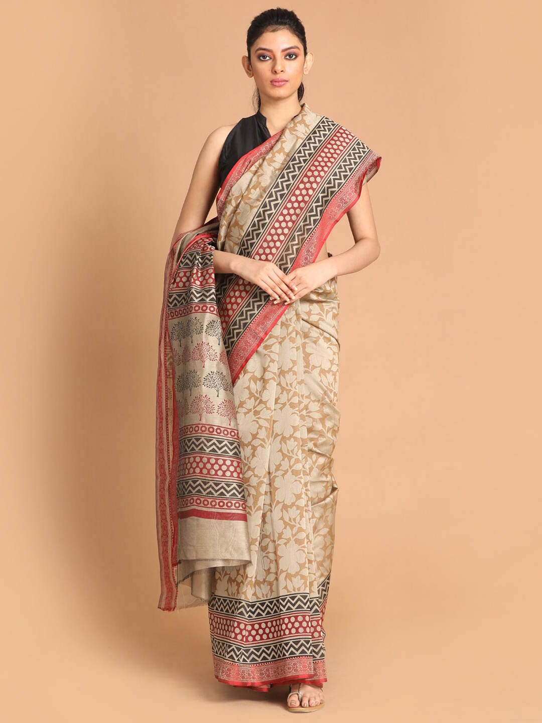 

Indethnic Beige & Red Floral Saree