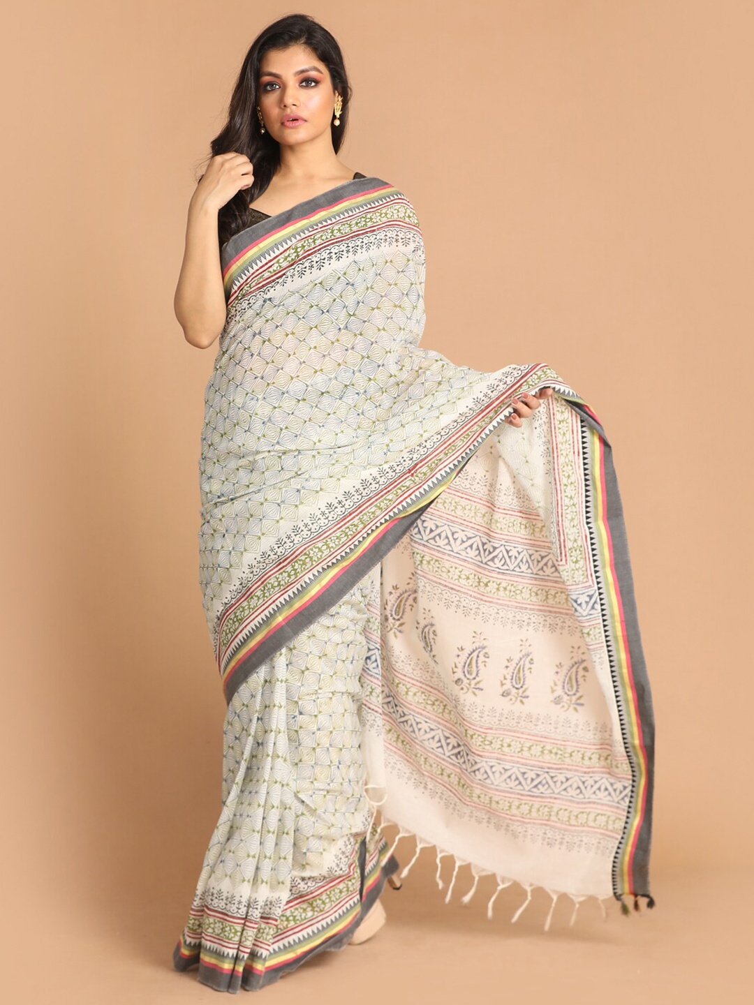

Indethnic Green & Blue Ethnic Motifs Block Print Pure Cotton Saree