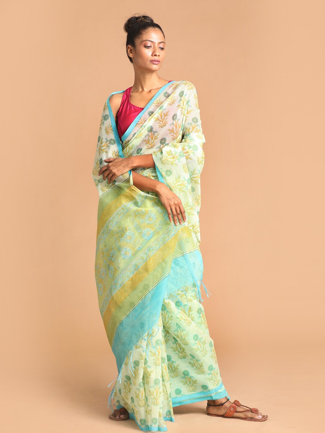

Indethnic Blue & Yellow Ethnic Motifs Supernet Saree