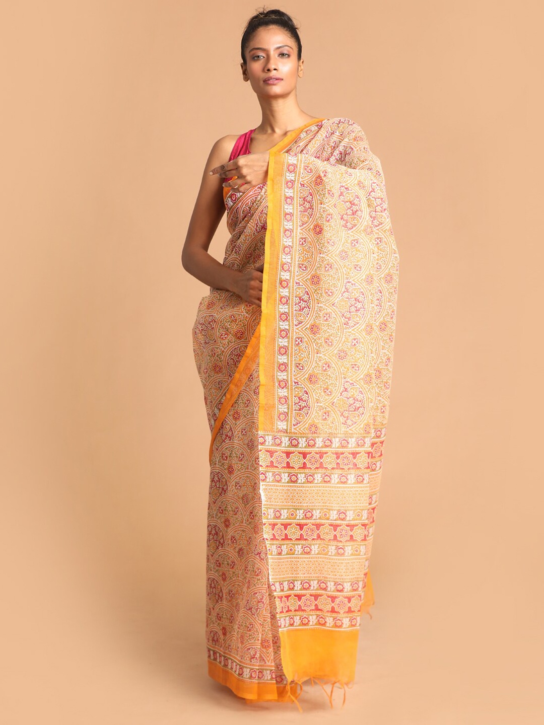 

Indethnic Yellow & Red Supernet Saree
