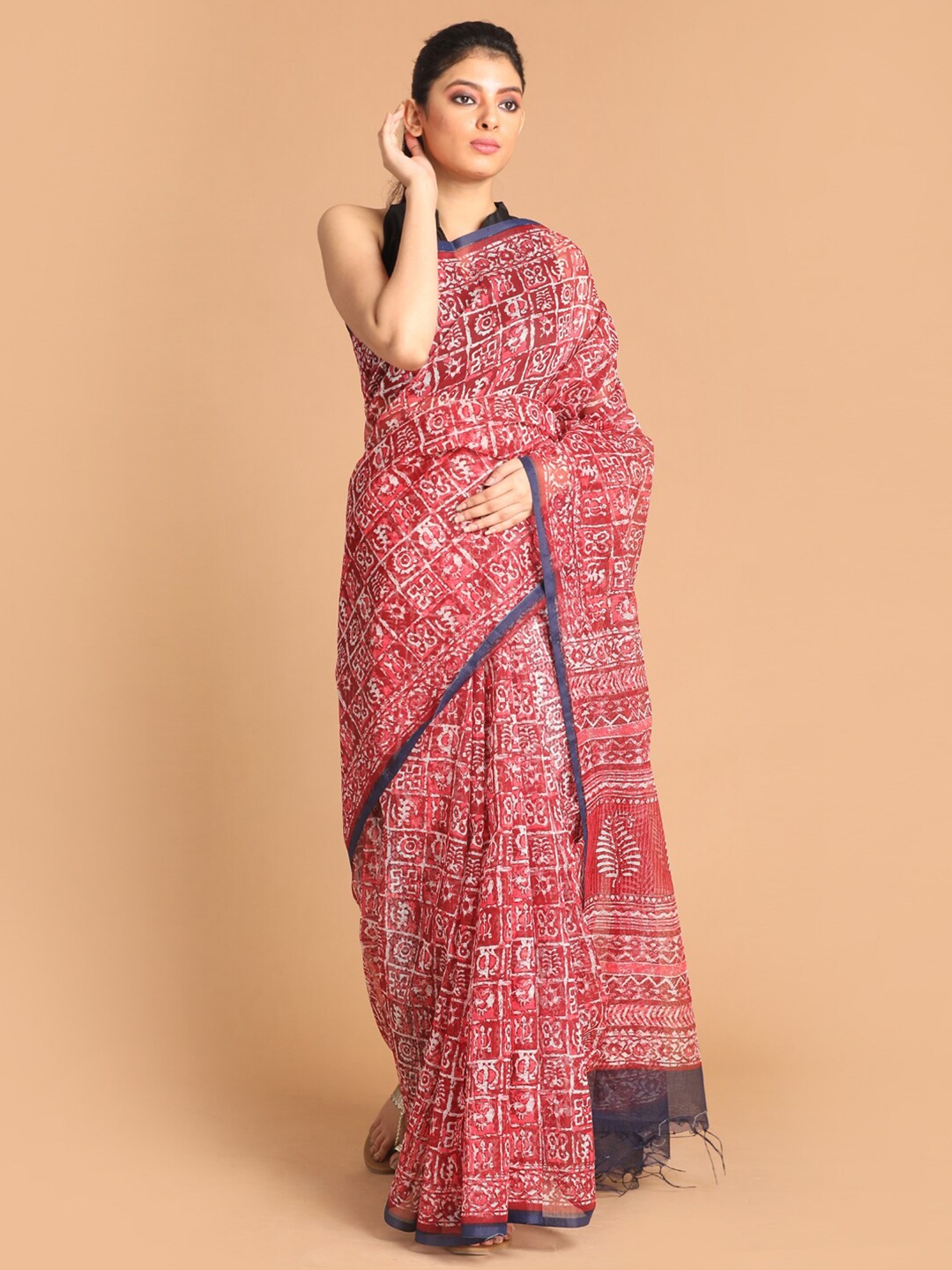 

Indethnic Maroon & White Supernet Block Print Saree