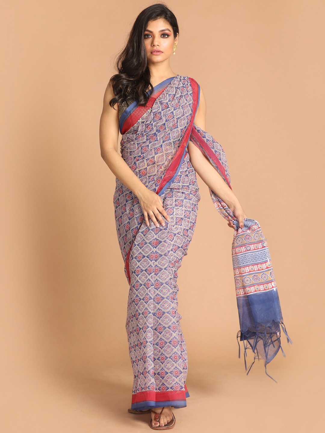 

Indethnic Blue & Red Ethnic Motifs Supernet Saree