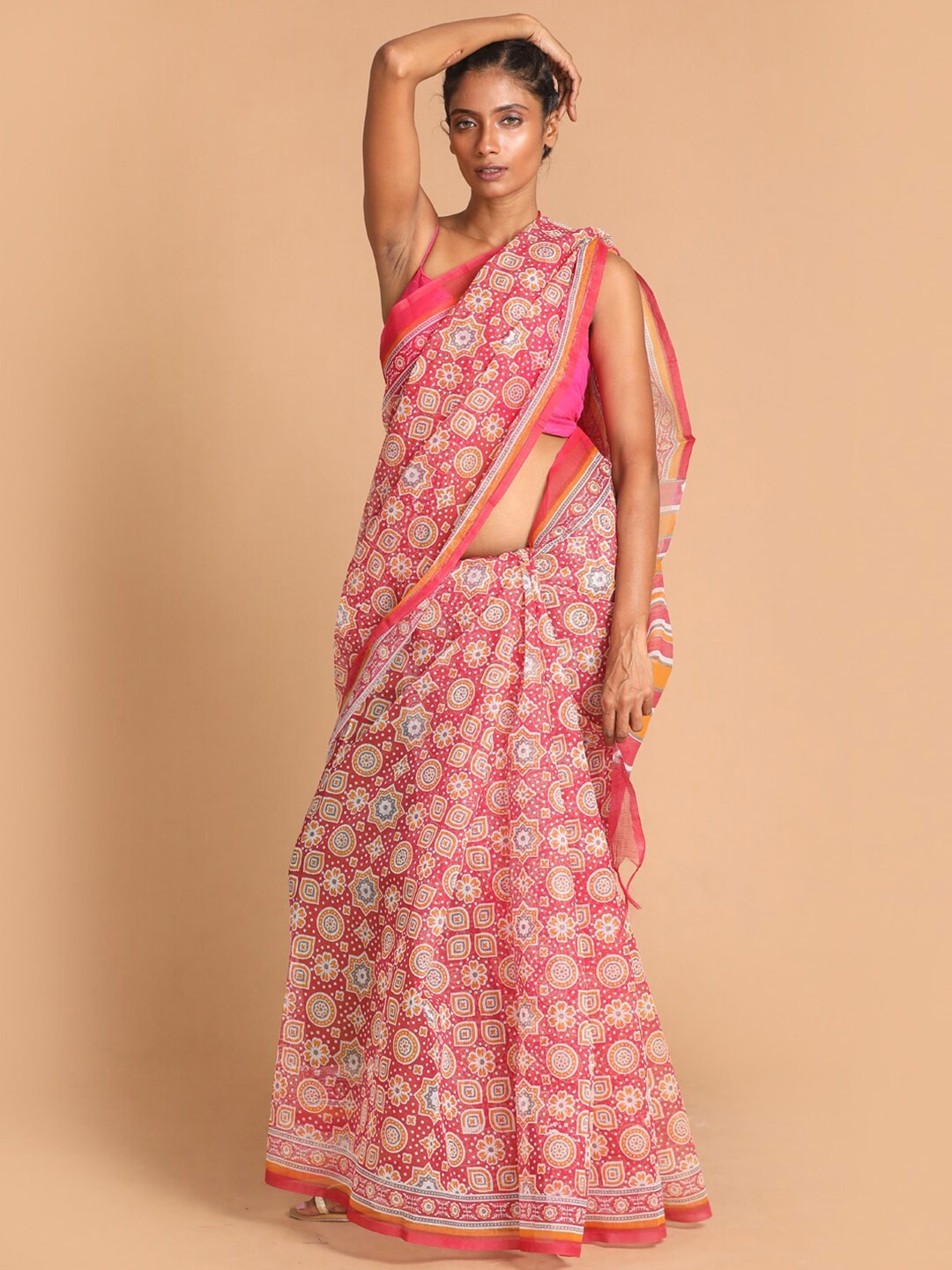 

Indethnic Maroon & Orange Ethnic Motifs Supernet Saree