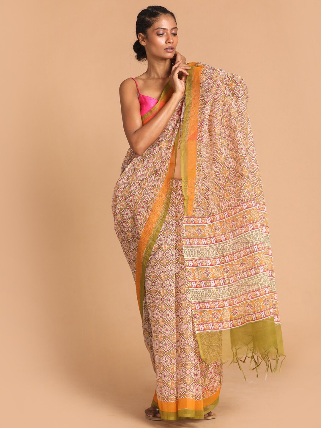 

Indethnic Women Olive Printed Cotton Blend Saree