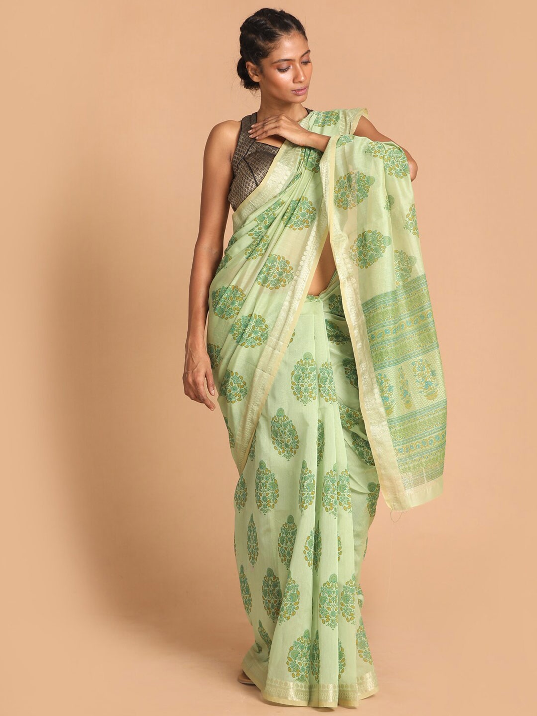 

Indethnic Green Ethnic Motifs Zari Saree