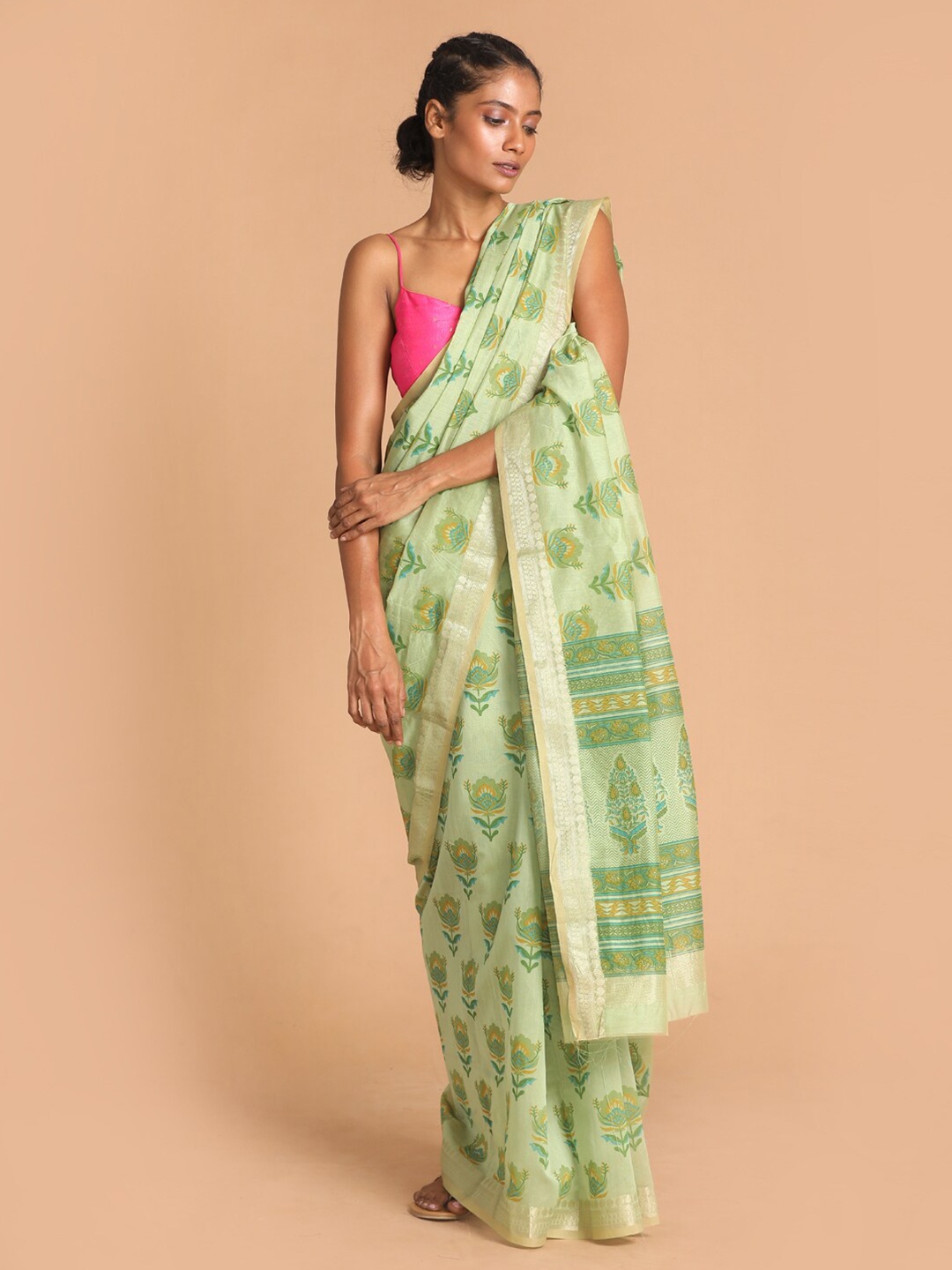 

Indethnic Green & Yellow Ethnic Motifs Zari Saree