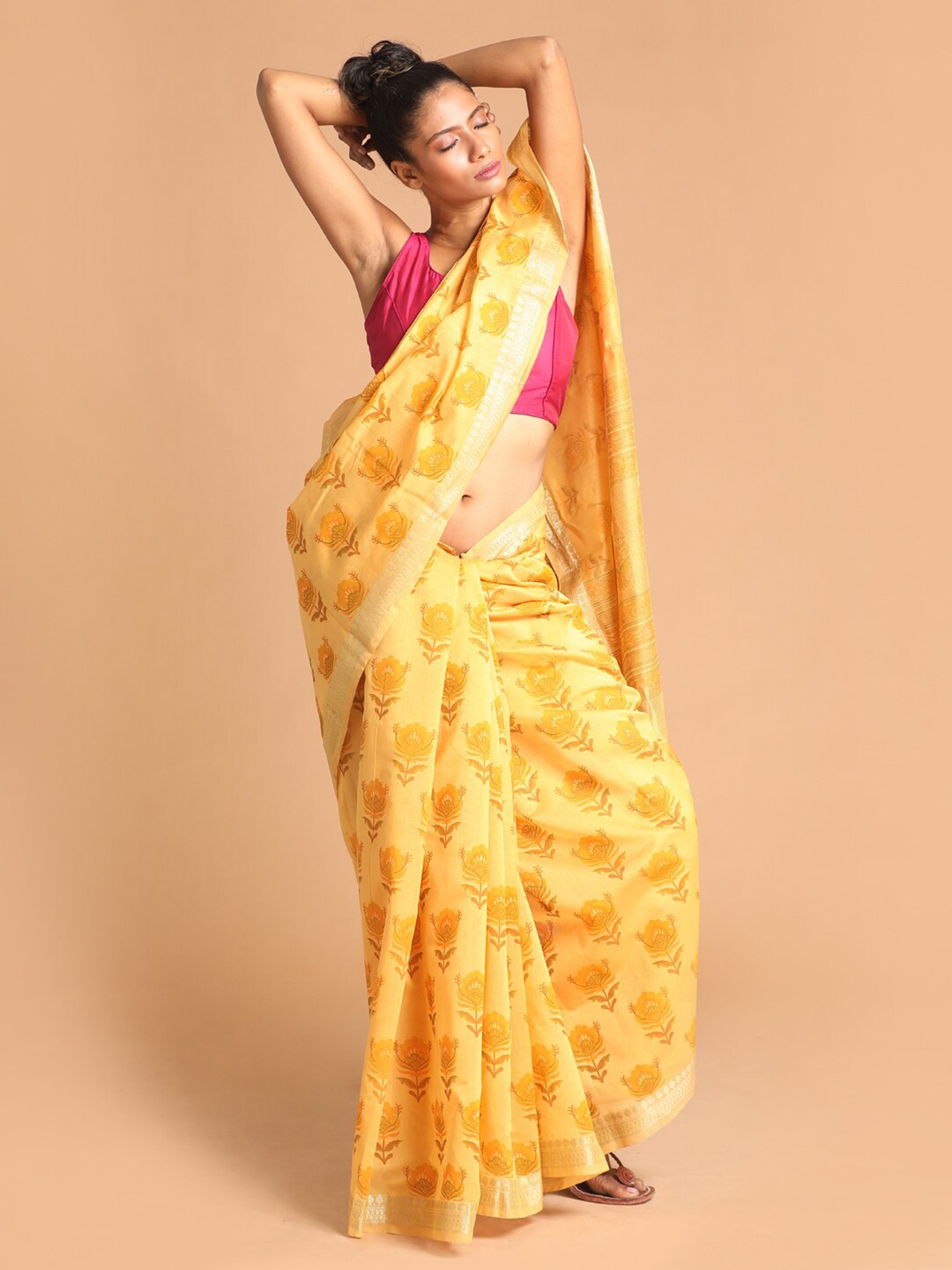 

Indethnic Yellow & Gold-Toned Ethnic Motifs Printed Zari Border Saree