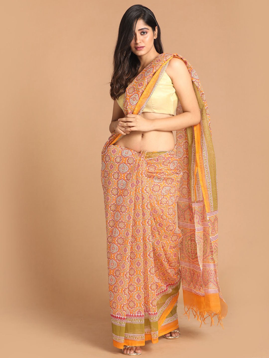 

Indethnic Yellow & Pink Supernet Saree