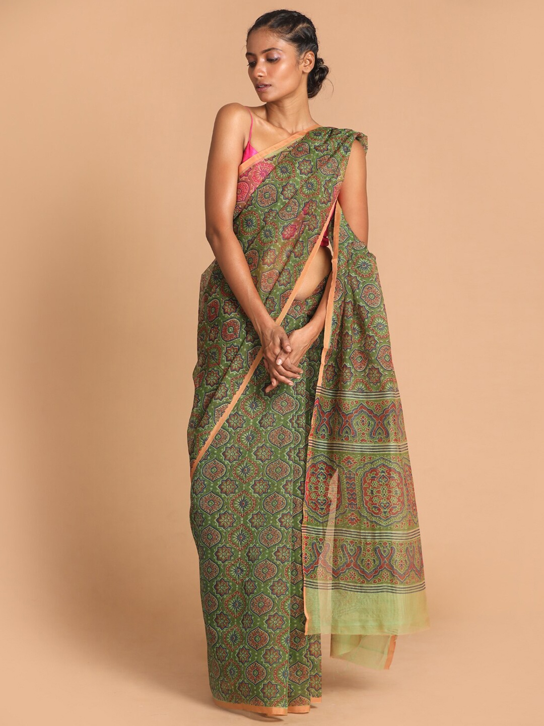 

Indethnic Olive Green & Blue Ethnic Motifs Printed Saree